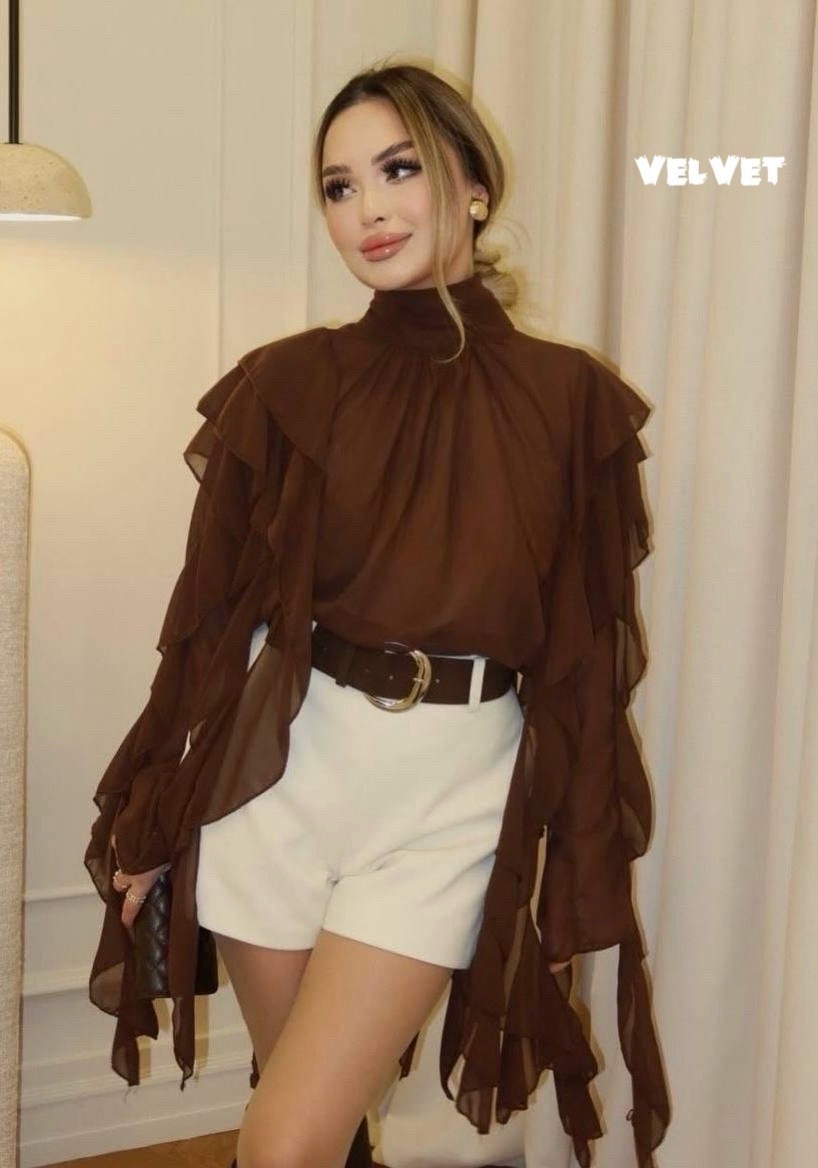 блузка с воланом,блузка с оборками,блуза из шифона женская,блузка праздничная из шифона с воланами,блуза шифон черный