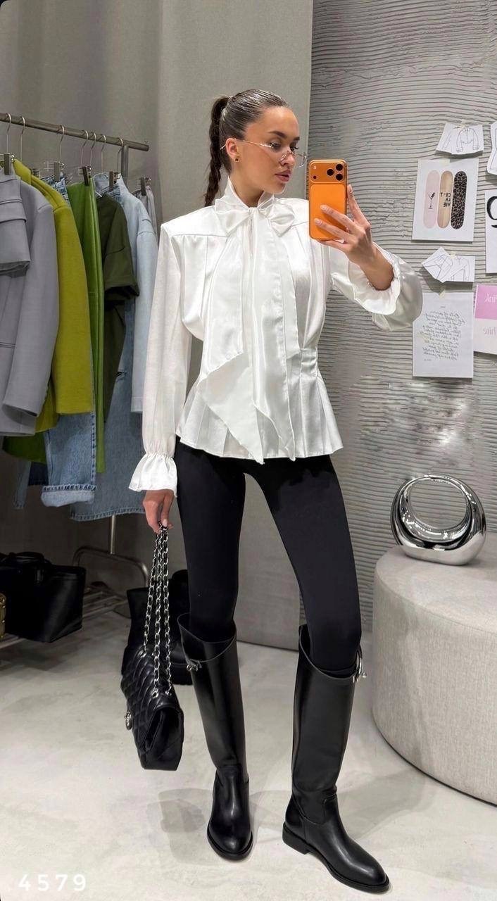 блузка с оборками,блузка с бантом,женская блузка с рюшами белая однотонная с длинным рукавом и бантом,белая блузка с бантом,рубашка с бантом