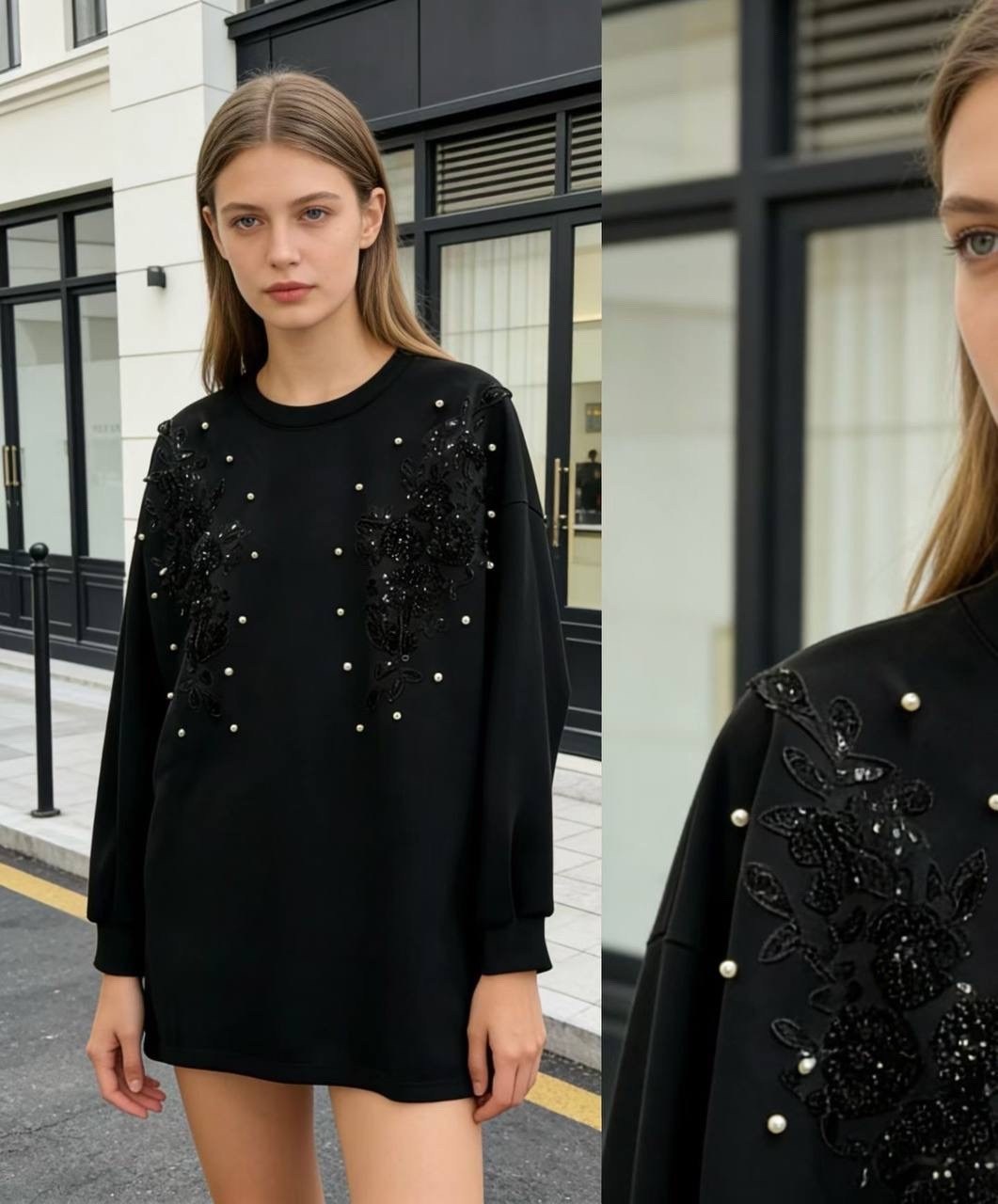 платье джемпер,платье свитер черное,туника оверсайз,черное платье из трикотажа с кристаллами,джемпер с бусинами
