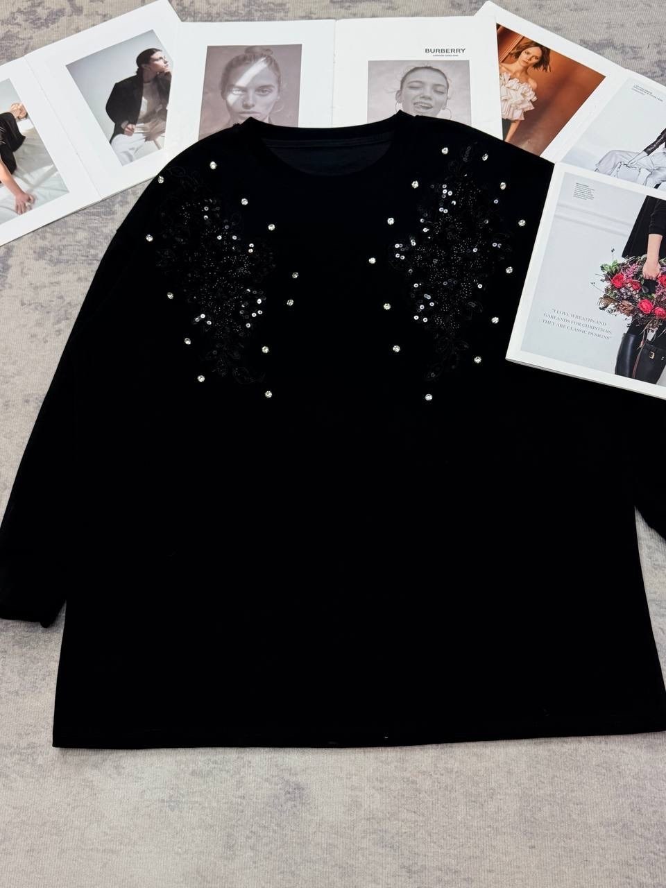 платье джемпер,платье свитер черное,туника оверсайз,черное платье из трикотажа с кристаллами,джемпер с бусинами