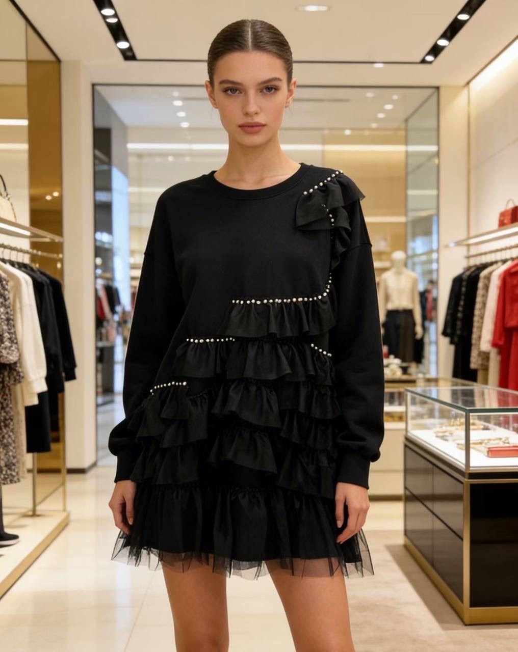 платье,платье черное,платье с оборками,,платье туника