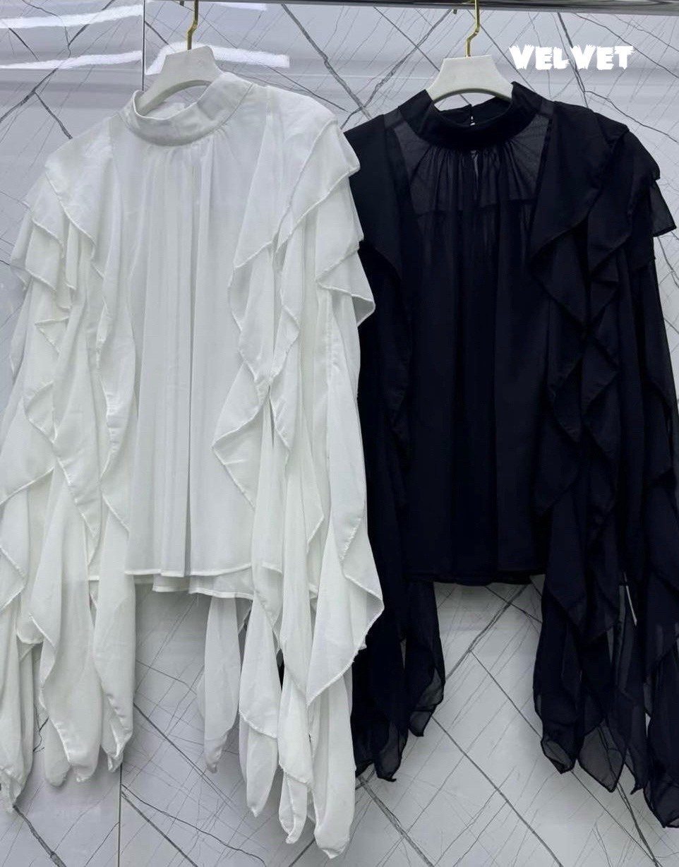 блузка с воланом,блузка с оборками,блуза из шифона женская,блузка праздничная из шифона с воланами,блуза шифон черный