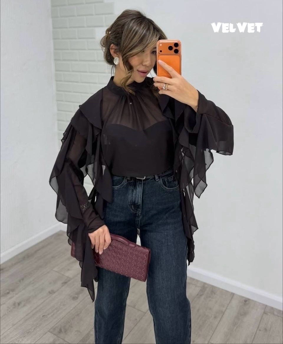 блузка с воланом,блузка с оборками,блуза из шифона женская,блузка праздничная из шифона с воланами,блуза шифон черный