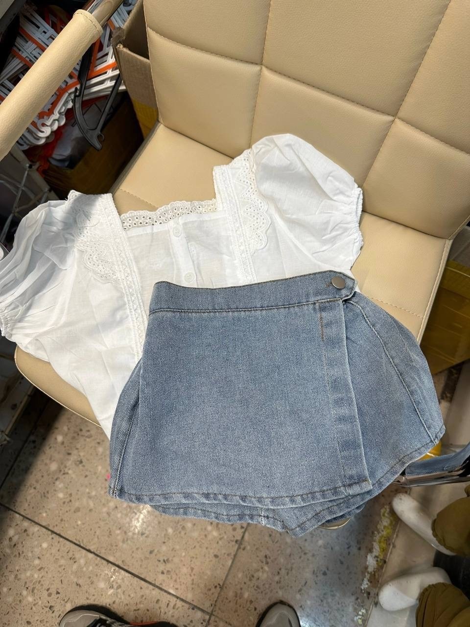 джинсовая юбка шорты,белая джинсовая юбка,комплект одежды для девочек,джинсовые шорты для девочек,комплект летней одежды для маленьких девочек