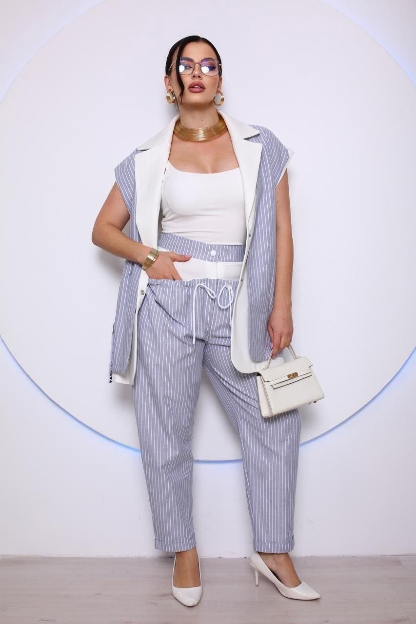 брючный костюм,брючный костюм в полоску,брючный комплект,брючный костюм элегантный,костюм льняной брючный