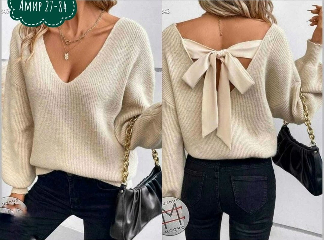 женский свитер с бантом и завязкой на спине,кофта женская,кофта с бантом,свитер вязаный,женский свитер с открытой спиной