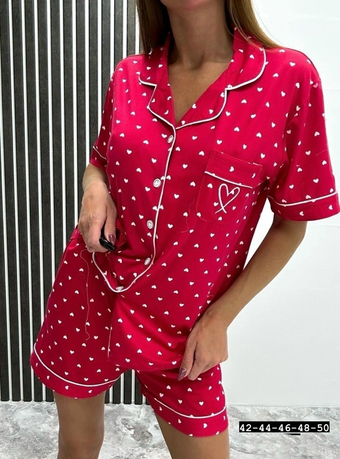 пижама двойка женская,пижама женская,пижама женская из поплина,пижама женская из хлопка "сердечки на красном",пижама женская с шортами