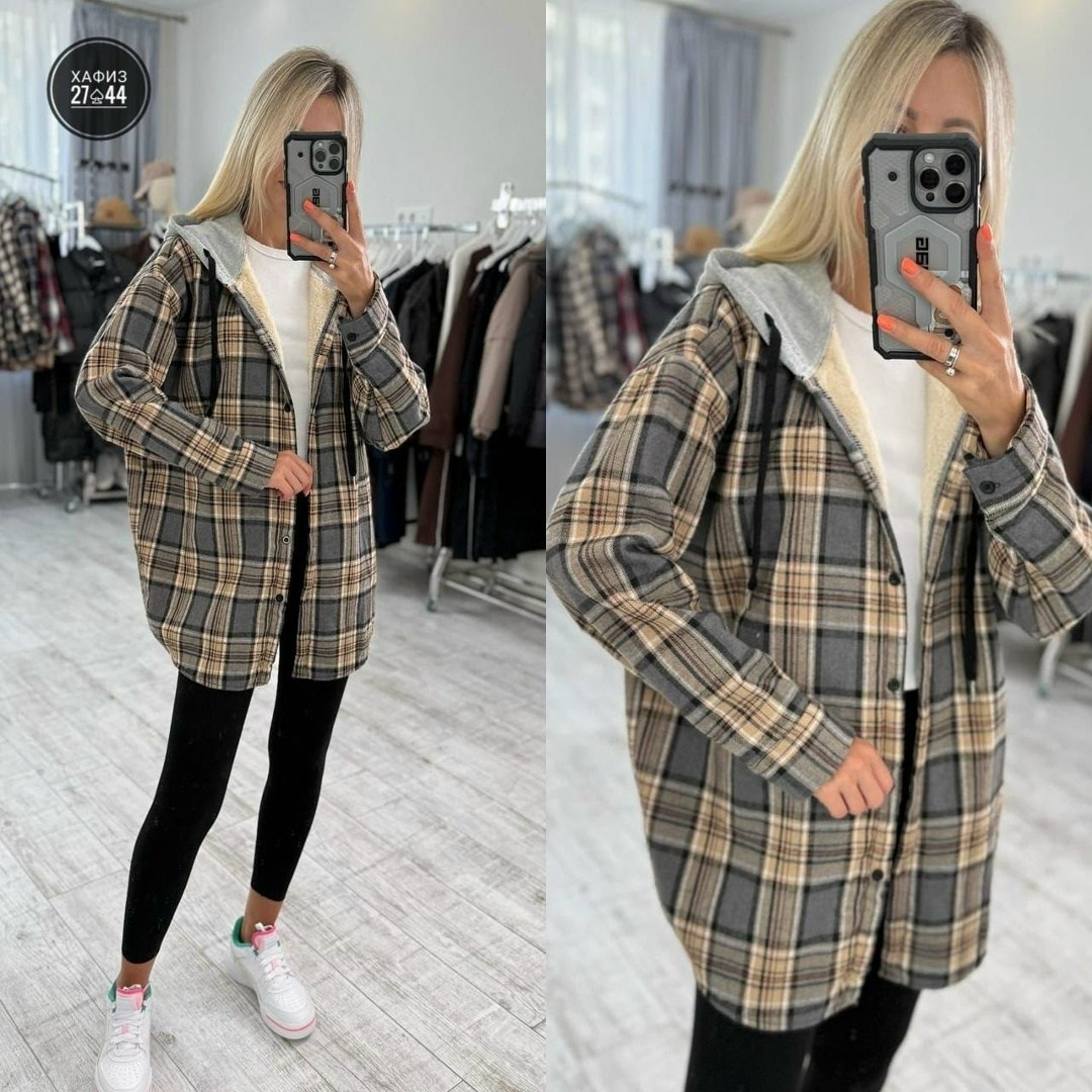 рубашка клетчатая с мехом внутри с капюшоном melidim,рубашка оверсайз теплая в клетку удлиненная amy store,женская рубашка,рубашка с капюшоном,рубашка теплая