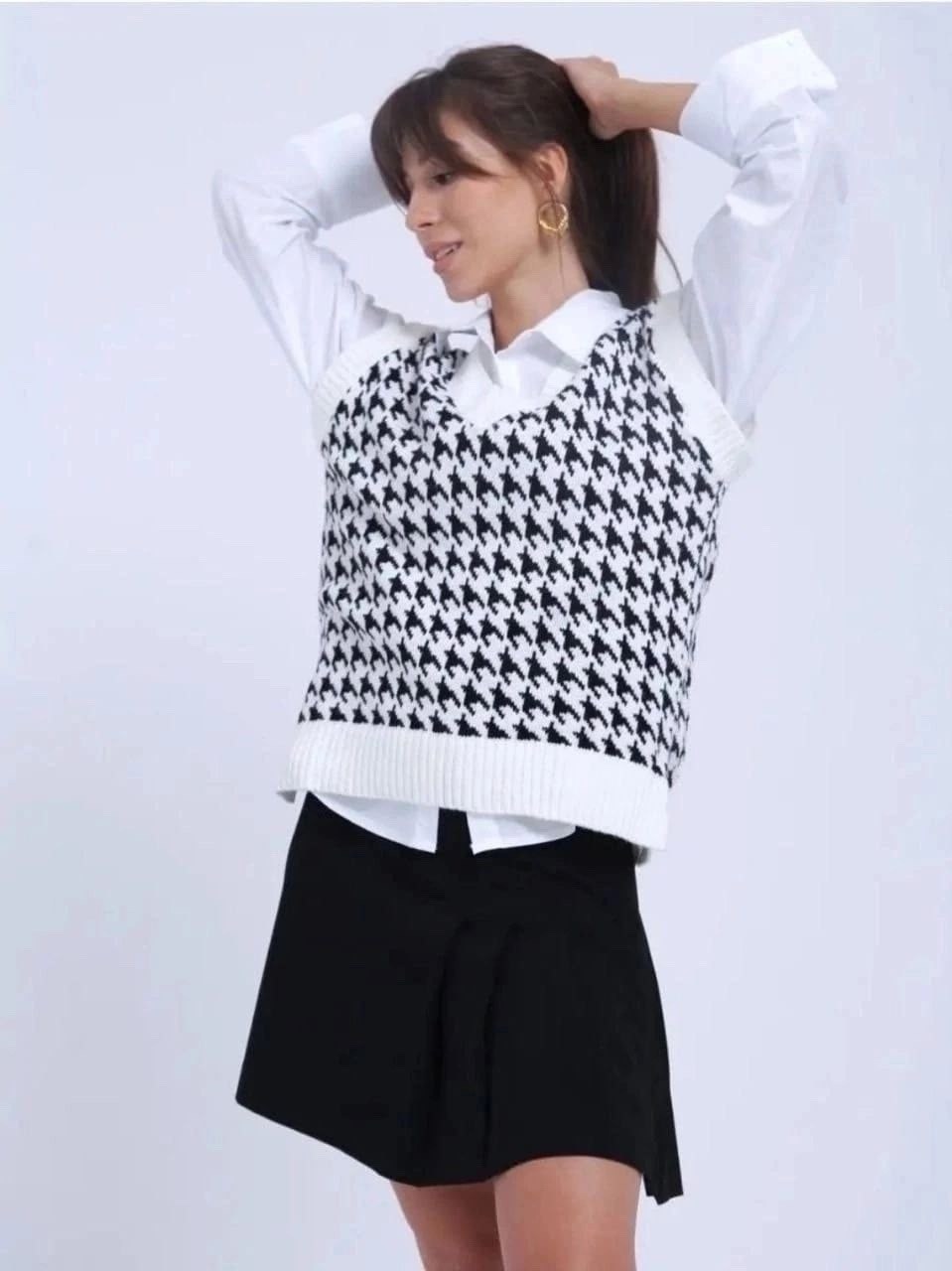 жилетка женская вязаная теплая оверсайз lauris,женский вязаный жилет с рисунком "гусиная лапка",женский вязаный жилет,happy fox женский жилет оверсайз гусиная лапка,вязаный жилет