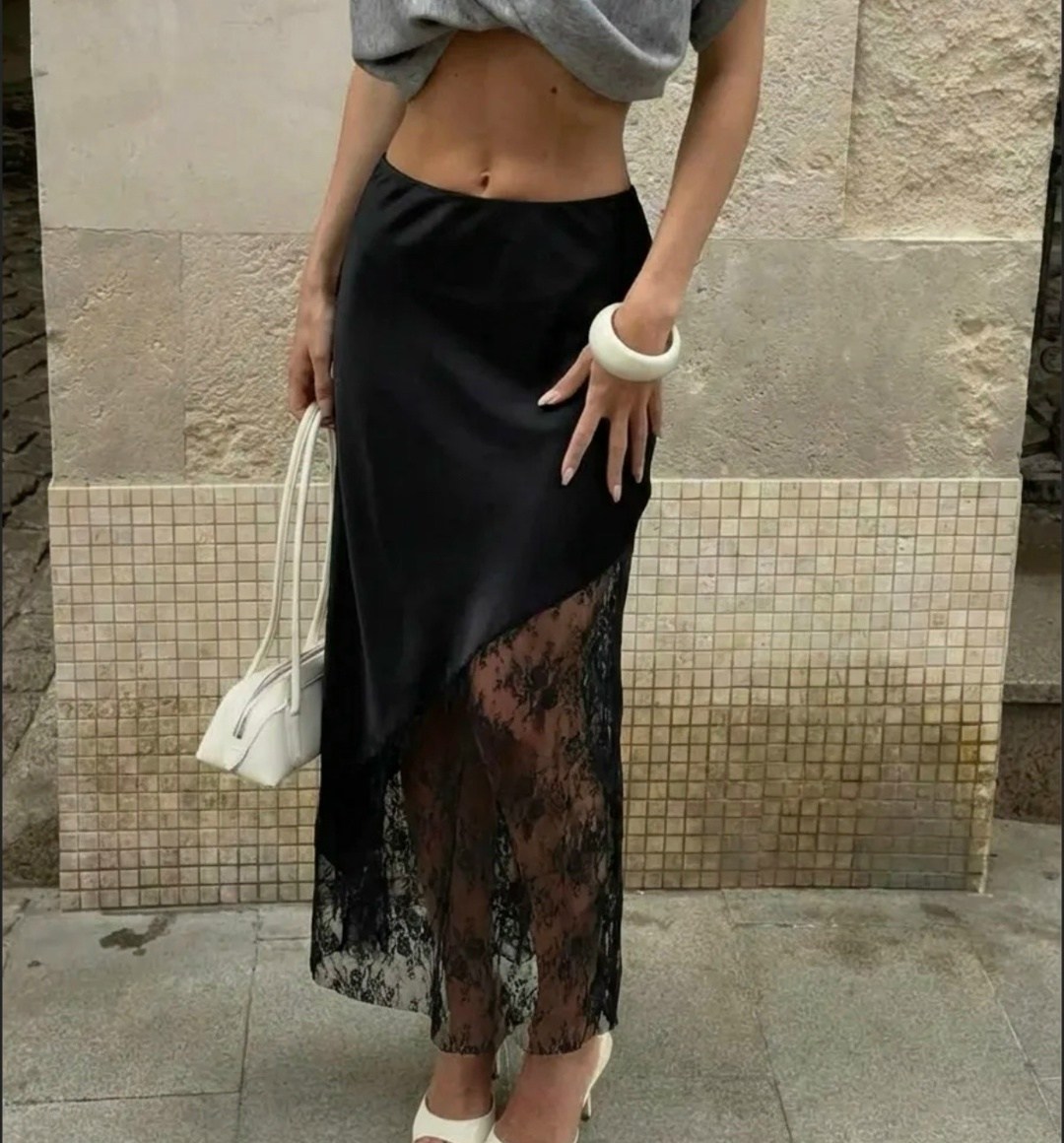 кружевная юбка,юбка с кружевами,атласная юбка макси с асимметричным кружевным подолом от topshop шоколадного цвета,юбка женская,атласная юбка