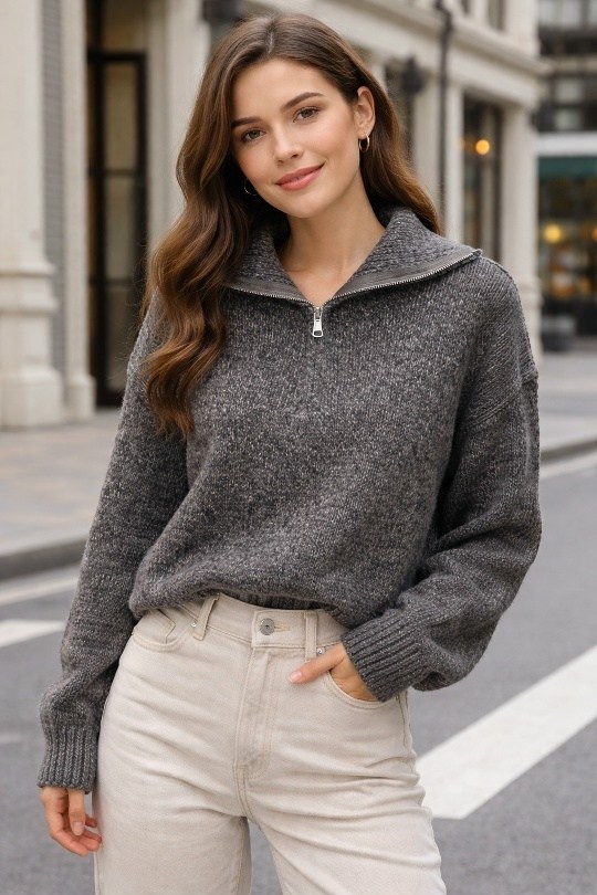 удлиненный вязаный свитер оверсайз с горлом на молнии semybear,свитер engibar,свитер на молнии,свитер вязаный,свитер поло оверсайз на молнии kaiser shop