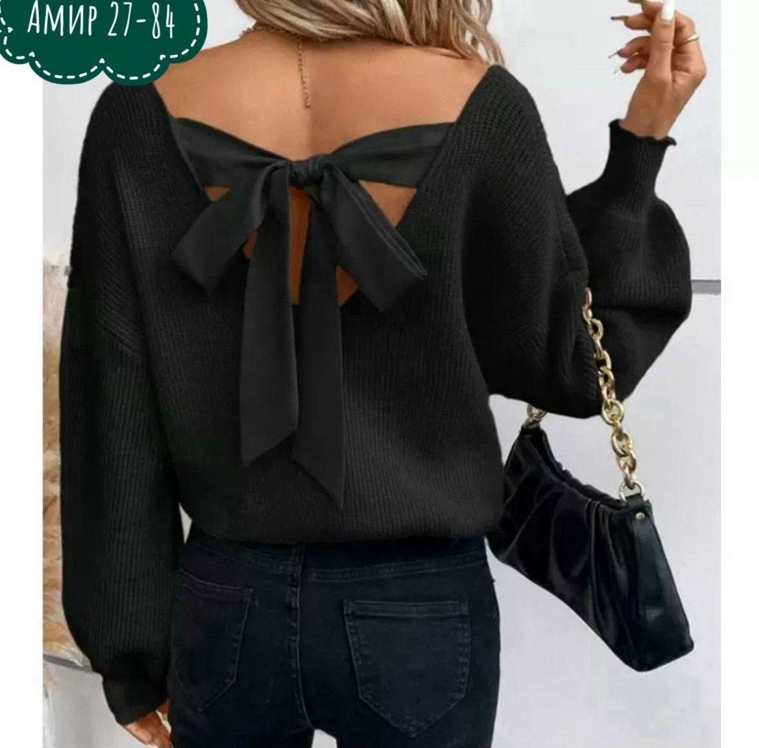 женский свитер с бантом и завязкой на спине,кофта женская,кофта с бантом,свитер вязаный,женский свитер с открытой спиной