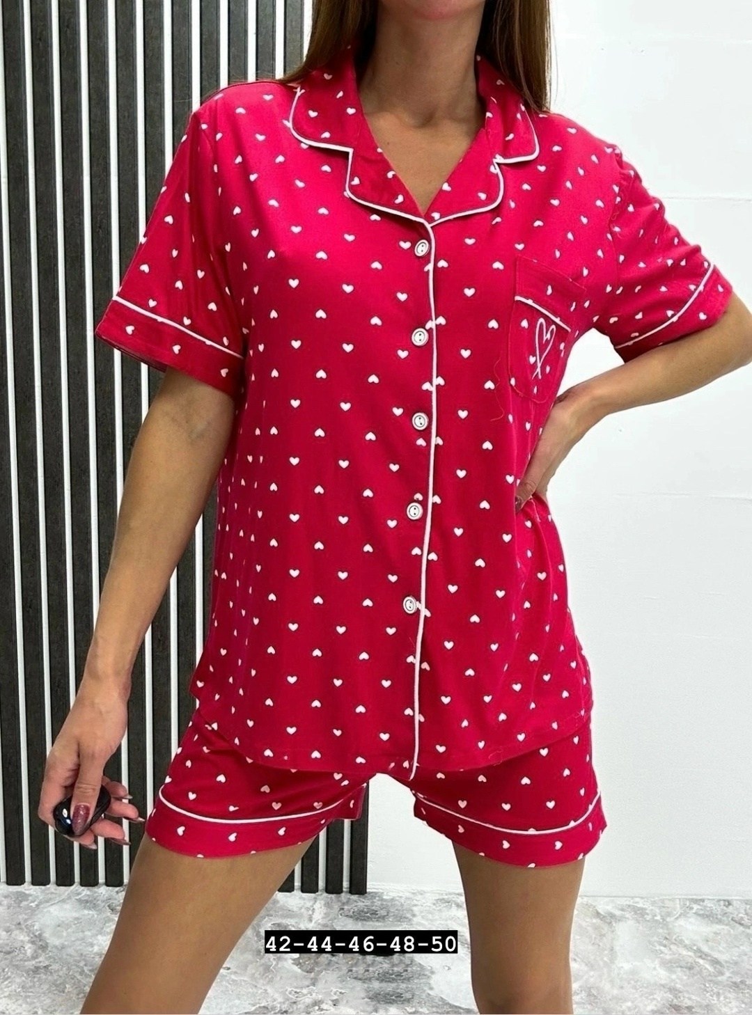 пижама двойка женская,пижама женская,пижама женская из поплина,пижама женская из хлопка "сердечки на красном",пижама женская с шортами
