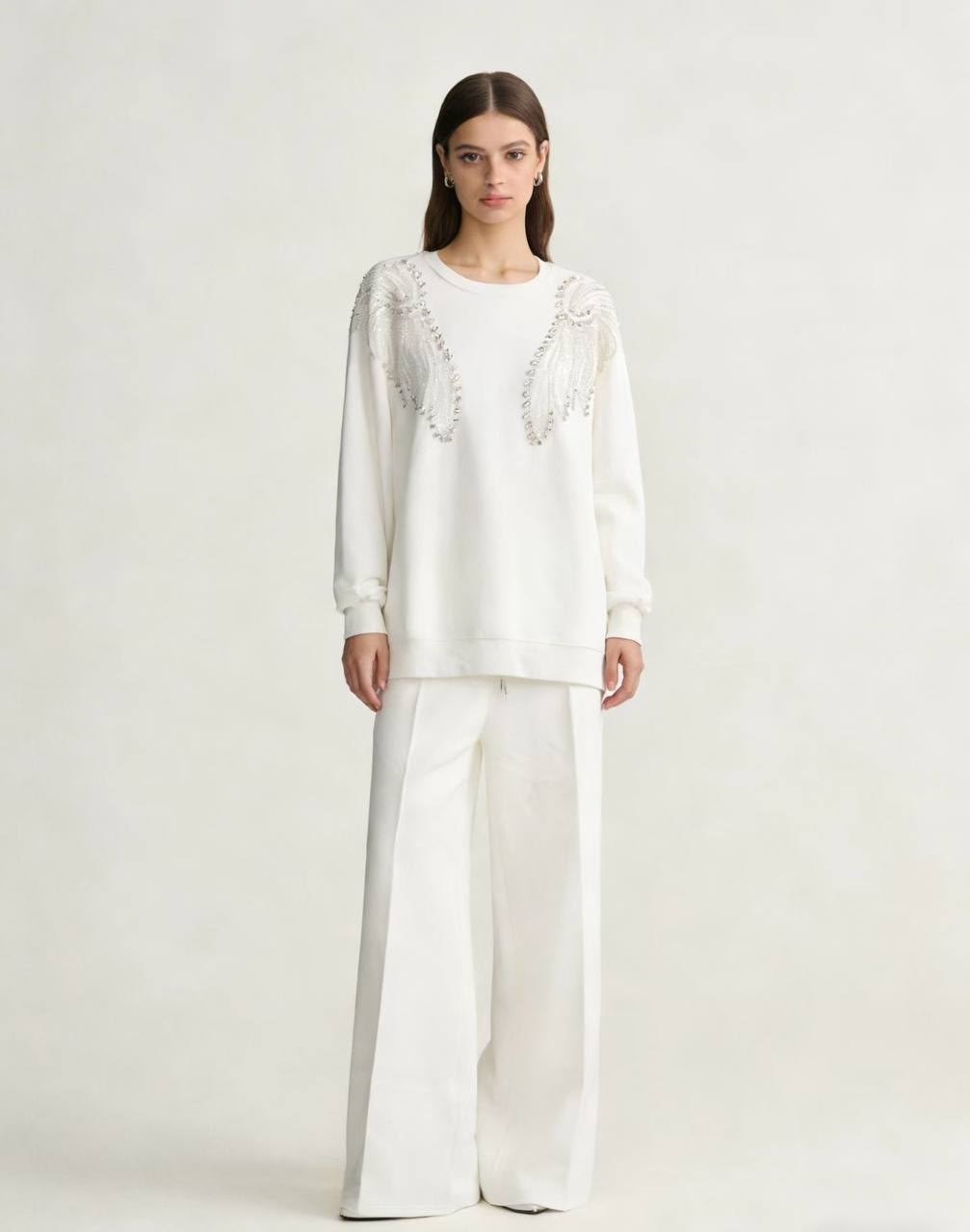 джемпер свободного кроя,комплект джемпер,костюм белый,свитшот женский,белые брюки