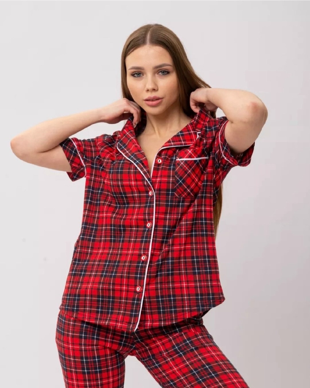пижама женская хоум стайл красная клетка,пижама женская красная клетка,пижама женская в клетку,пижама женская малиновые сны kletw красная 48 ru,пижама эмир 425 клетка красная