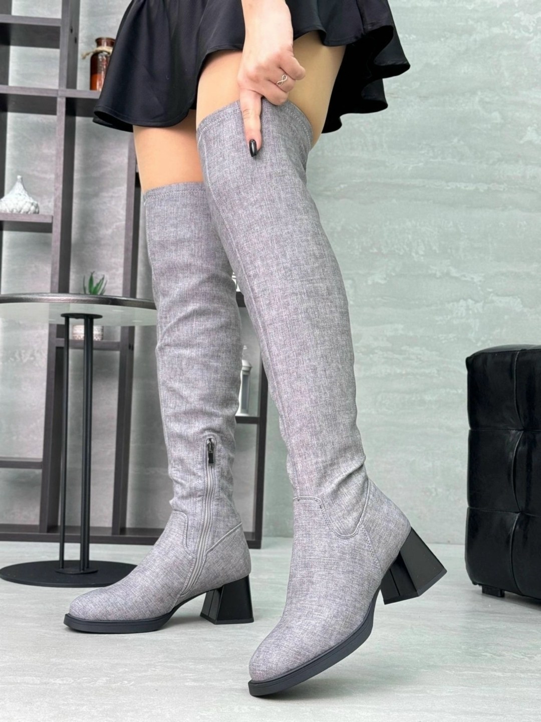 женские ботфорты, ботфорты женские,сапоги ботфорты,элегантные серые замшевые ботфорты,демисезонные замшевые ботфорты