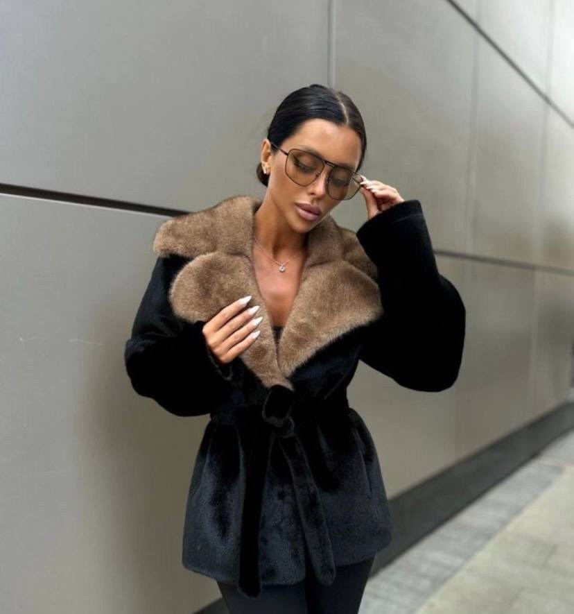 шуба искуственный мех,шуба короткая с поясом,эко шуба под норку женская,женская черная шуба "kona",черная короткая женская шуба эко