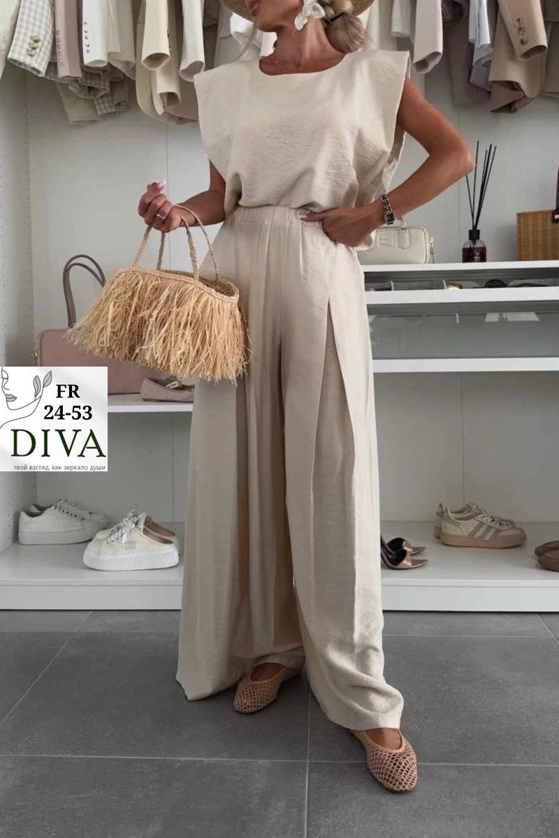 костюм летний льняной с брюками палаццо и топом modero,костюм с брюками,широкие брюки,женский костюм с брюками,летние брючные костюмы