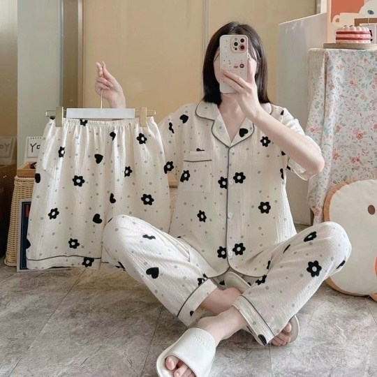 пижама муслиновая 3 в 1 с рубашкой шортами и штанами elmira_home,пижама женская ,женские пижамы,пижама женская тройка,пижама белая