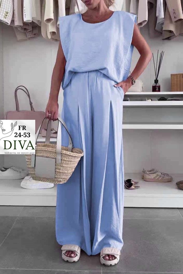 костюм летний льняной с брюками палаццо и топом modero,костюм с брюками,широкие брюки,женский костюм с брюками,летние брючные костюмы