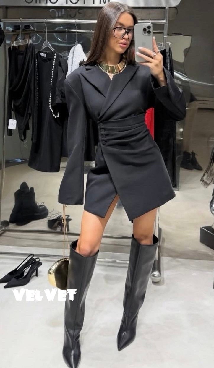 длинное черное платье с пиджаком,стильное платье,платье-блейзер с объемными рукавами и завязкой на талии boohoo черный,платье-пиджак с запахом,платье