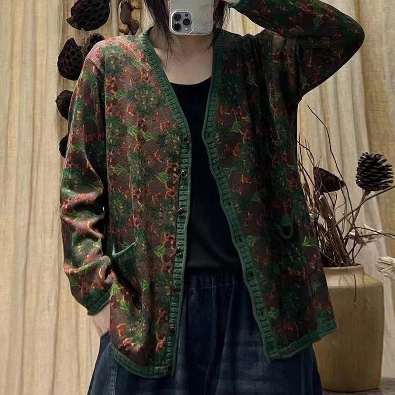 модные кардиганы,вязаные кардиганы,женские кардиганы,max lulu японский стиль винтажный кардиган с v-образным вырезом и цветочным принтом,кардиган