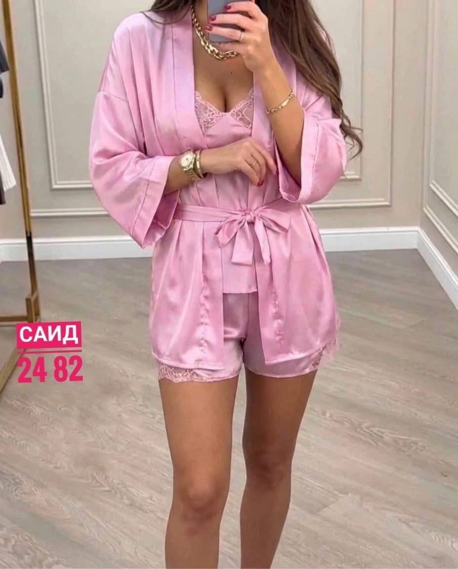 женская пижама,женские халаты,комплект женских,пижама халат,женский шелковый домашний комплект халат, топ и шорты розовый