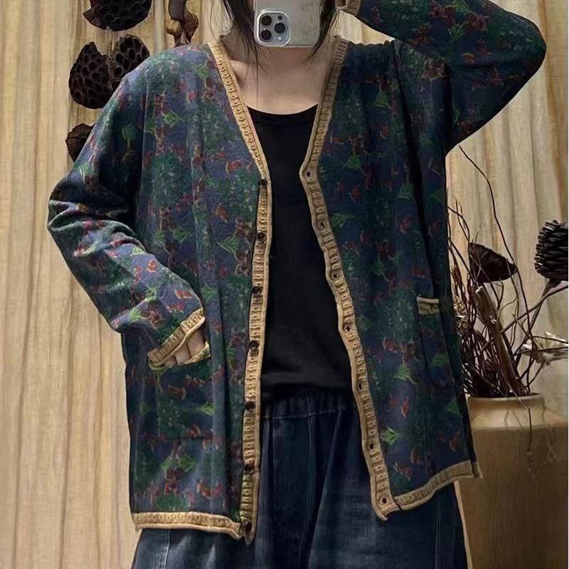 модные кардиганы,вязаные кардиганы,женские кардиганы,max lulu японский стиль винтажный кардиган с v-образным вырезом и цветочным принтом,кардиган