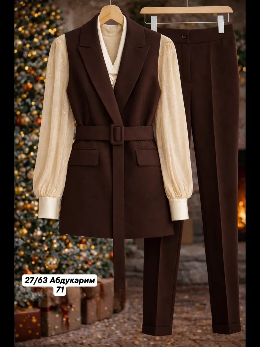 костюм женский,костюм,женский брючный костюм,костюм женский классический,жилет женский 4347/04/шоколадный