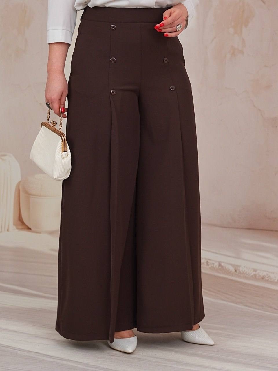 брюки laikony l-942-2 шоколадный,брюки палаццо женские коричневые,брюки широкие,брюки-палаццо с завышенной талией,классические брюки