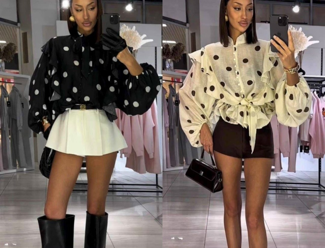 блузка с оборками,женская блузка,блузка с воротником,блузка женская шифоновая в горошек с воротником-бантом,блузка в горошек