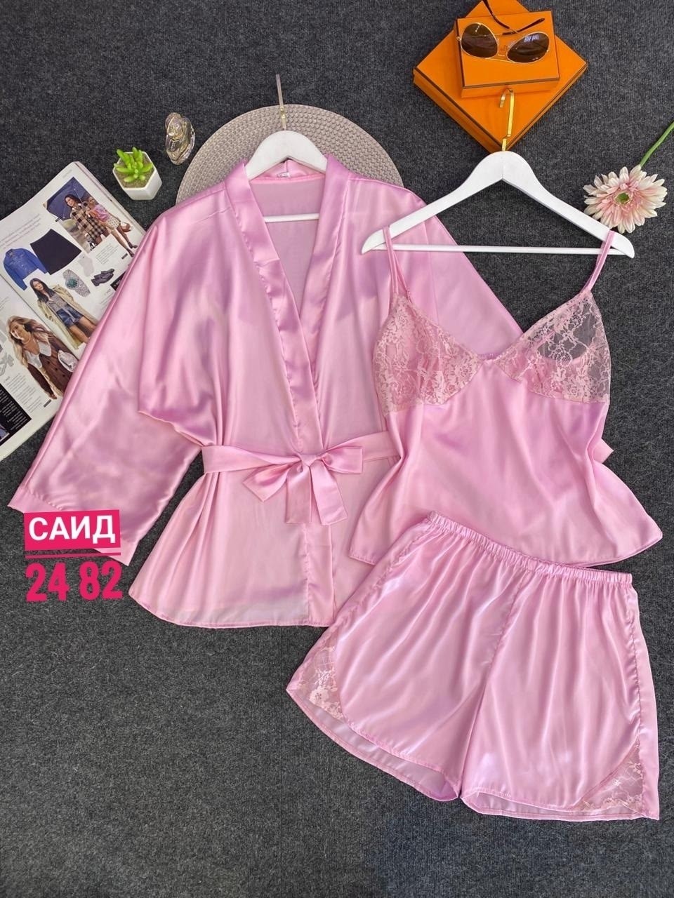 женская пижама,женские халаты,комплект женских,пижама халат,женский шелковый домашний комплект халат, топ и шорты розовый