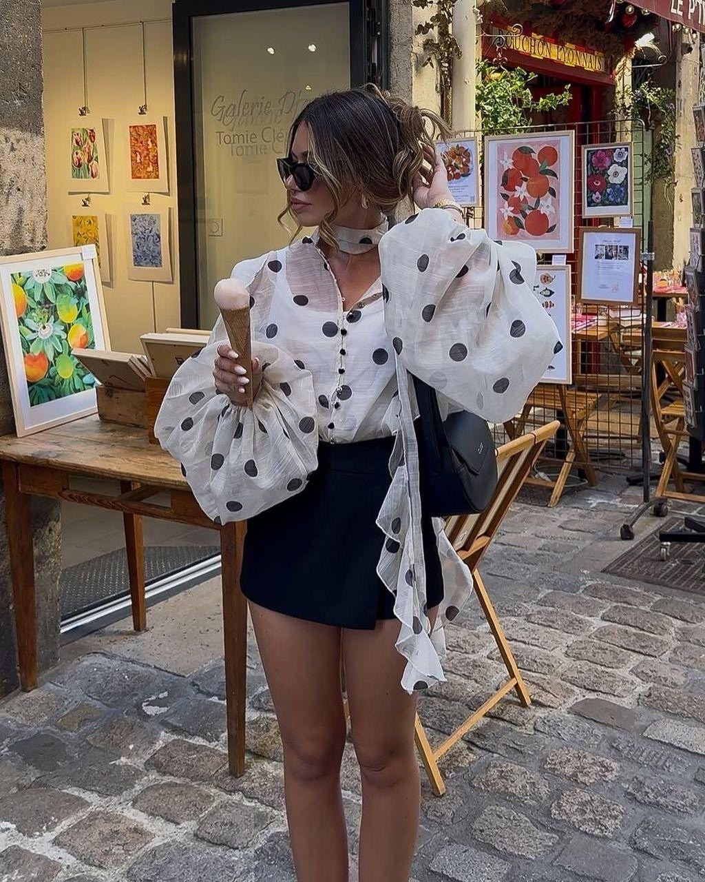 блузка с оборками,женская блузка,блузка с воротником,блузка женская шифоновая в горошек с воротником-бантом,блузка в горошек