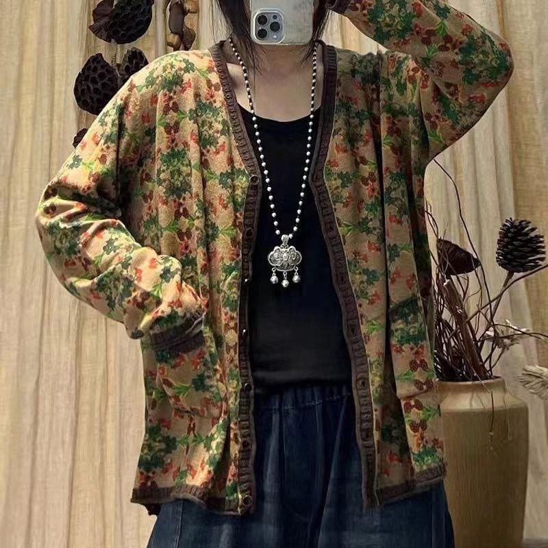 модные кардиганы,вязаные кардиганы,женские кардиганы,max lulu японский стиль винтажный кардиган с v-образным вырезом и цветочным принтом,кардиган