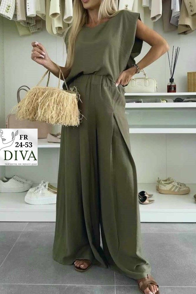костюм летний льняной с брюками палаццо и топом modero,костюм с брюками,широкие брюки,женский костюм с брюками,летние брючные костюмы