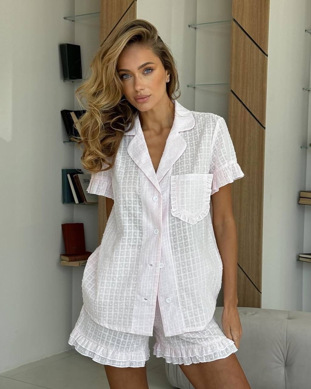 домашняя одежда пижама,женская пижама с шортами из ажурного хлопка happyfox,женский пижамный комплект,модная пижама,пижама женская с шортами