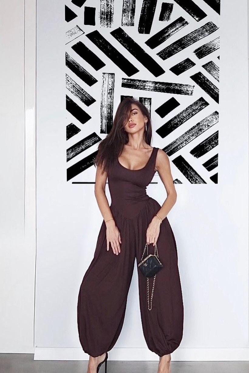 женский комбинезон,модные наряды,коричневый комбинезон,комбинезон вечерний