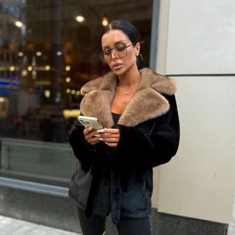 шуба искуственный мех,шуба короткая с поясом,эко шуба под норку женская,женская черная шуба "kona",черная короткая женская шуба эко