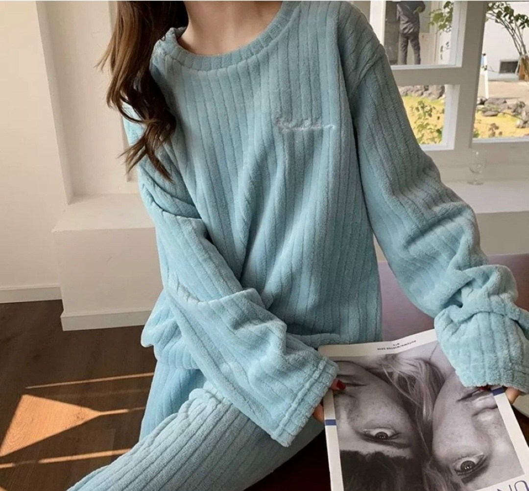 пижамный комплект женский фланелевый,эстетичная пижама,пижамный комплект женский фланелевый утепленная,женский осенне-зимний пижамный комплект фланелевой однотонный утолщенный теплый с длинными рукава