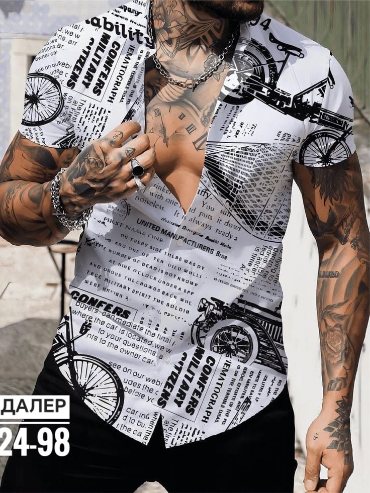 мужская рубашка с принтом,мужская рубашка с короткими рукавами,рубашка с принтом,мужская рубашка,рубашка с газетным принтом
