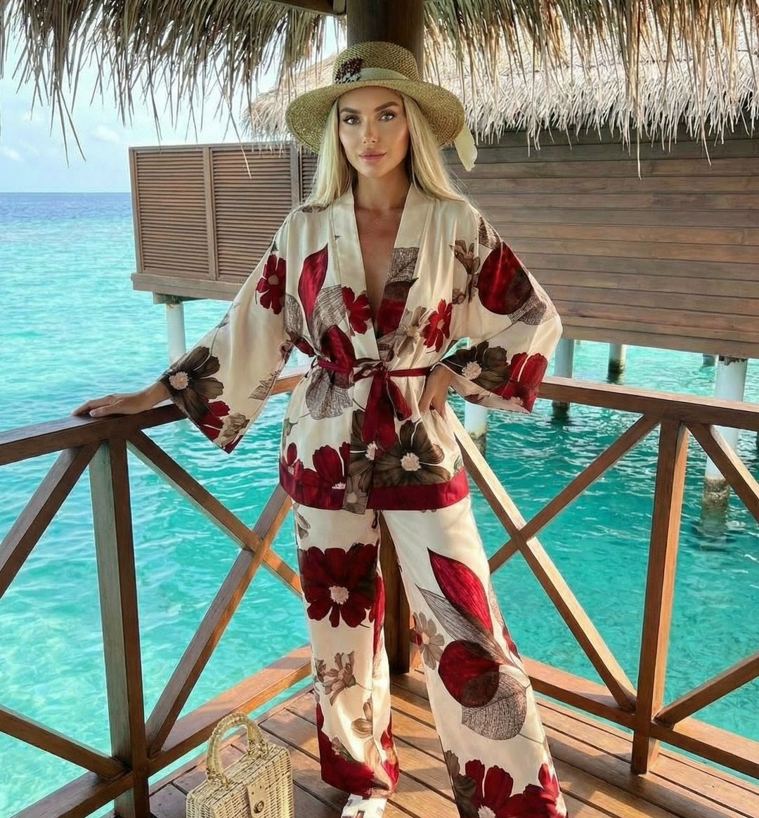 костюм в пижамном стиле,костюм с принтом,пляжные наряды,пляжная мода,мода стиль