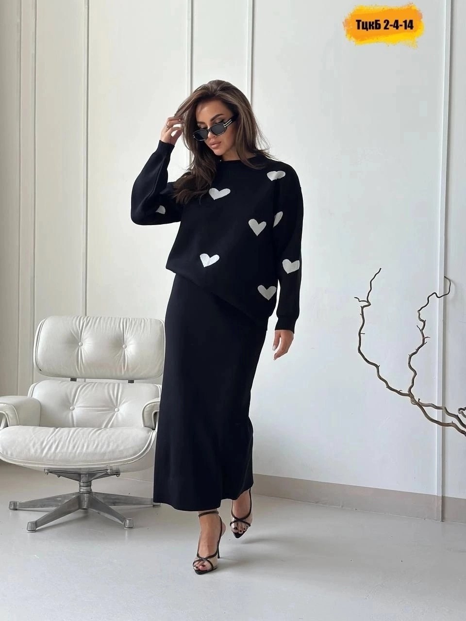 костюм трикотажный с юбкой и кофтой с сердечками aisha comfort,трикотажный костюм,костюм двойка лапша,вязаная кофта,женский костюм лапша