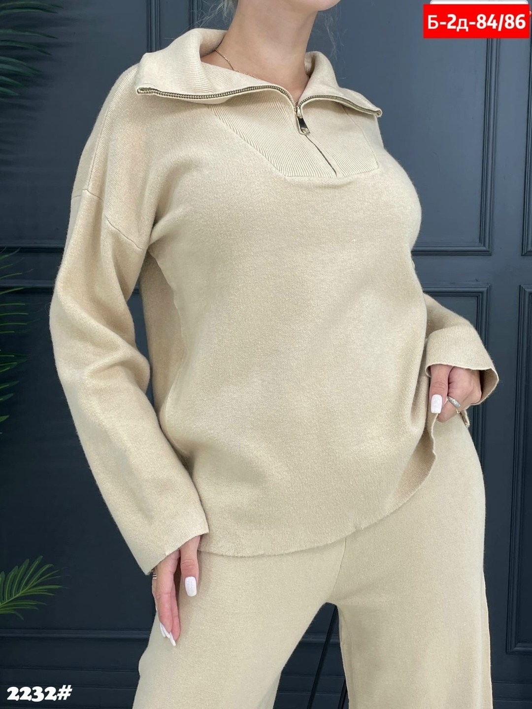 женский кашемировый костюм с широкими брюками и свитером,трикотажный костюм,женский костюм,костюм молочный,костюм с брюками