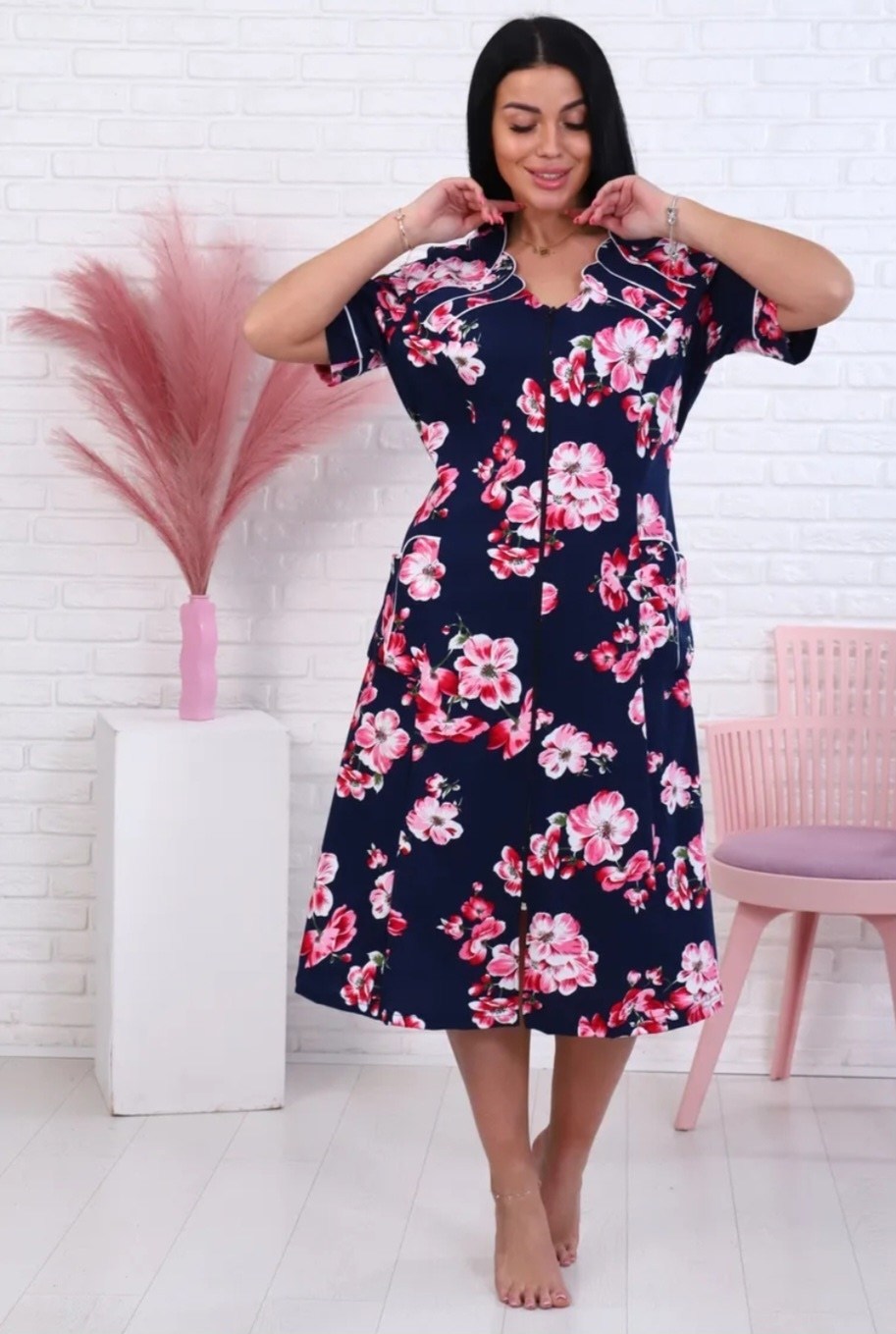 халаты женские домашние хлопок,женские халаты,халат женский 46663 сине-розовый,халат,халат женский (модель 069)