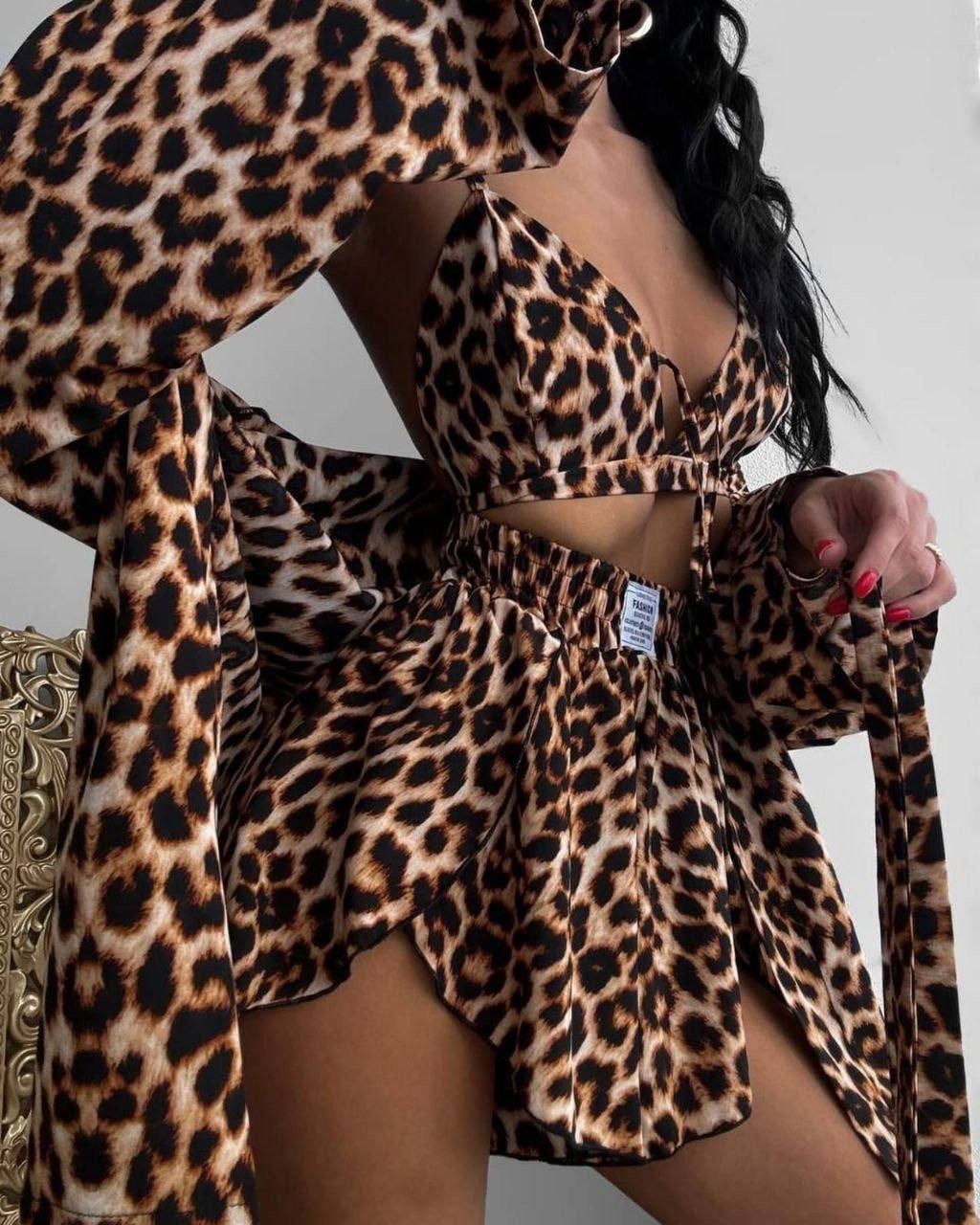 пижама женская с леопардовым принтом,костюм леопардовый,костюм с принтом,летний костюм