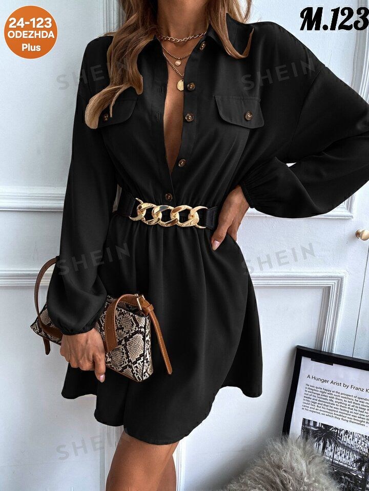 shein essnce платье-рубашка с рукавами-фонариками,женское платье,платье с ремешком,платье-рубашка,платье рубашка женское