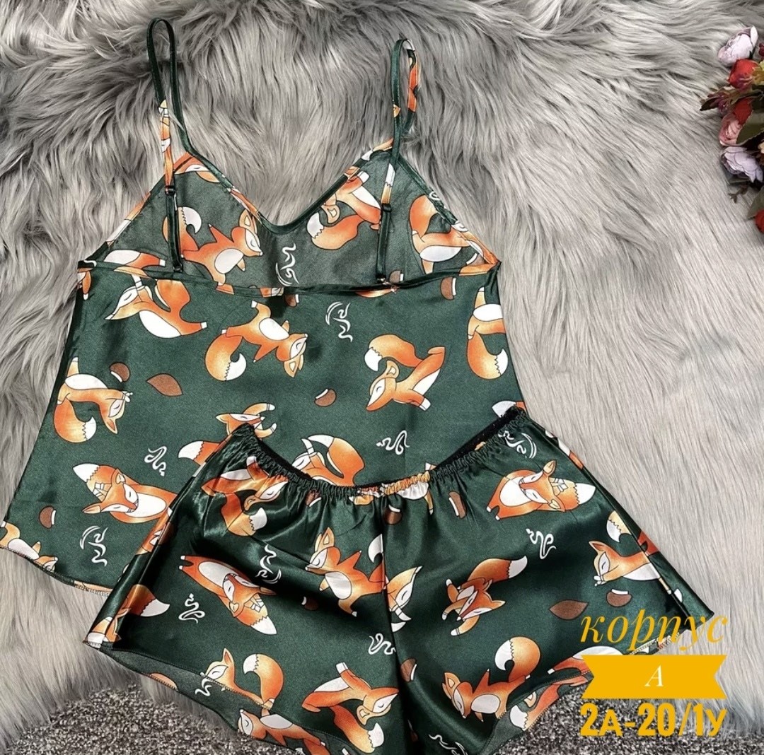 пижама женская,пижама женская шелковая с лисичками,пижама женская шелковая,комплект пижама,пижама с лисичками