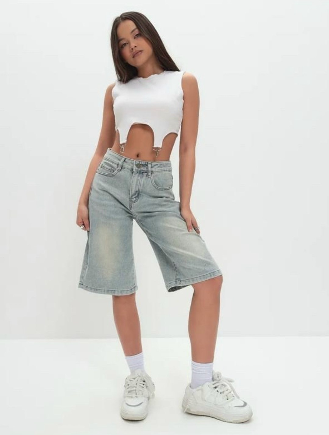 шорты женские джинсовые,шорты-бермуды джинсовые до колена с высокой посадкой befree,джинсовые шорты,джинсовые шорты бермуды,шорты-бермуды джинсовые с высокой посадкой