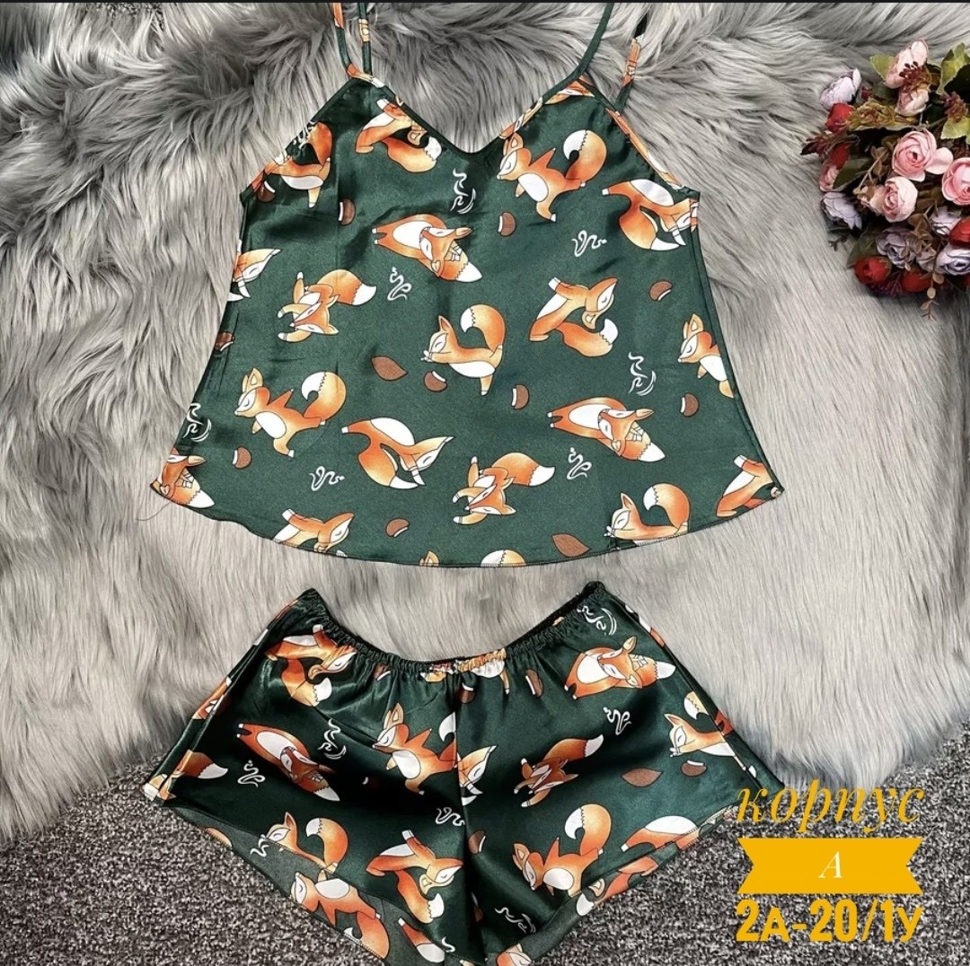 пижама женская,пижама женская шелковая с лисичками,пижама женская шелковая,комплект пижама,пижама с лисичками