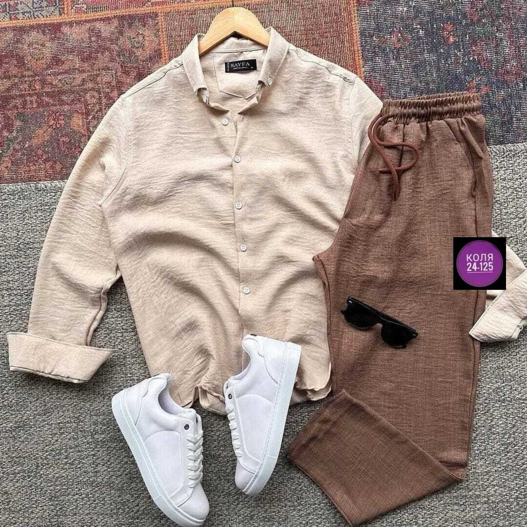 летние мужские костюмы,мужская мода,костюм брючный с рубашкой,бежевый костюм,комплект рубашка и брюки